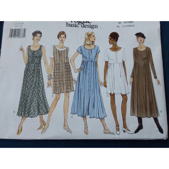 Vogue sewing pattern 1532 easy basic design dress A line waist sizes 12-14-16 - Picture 2 of 6